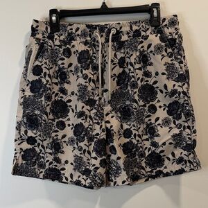 Men's Floral Flat-Front Beige Shorts with Navy Print